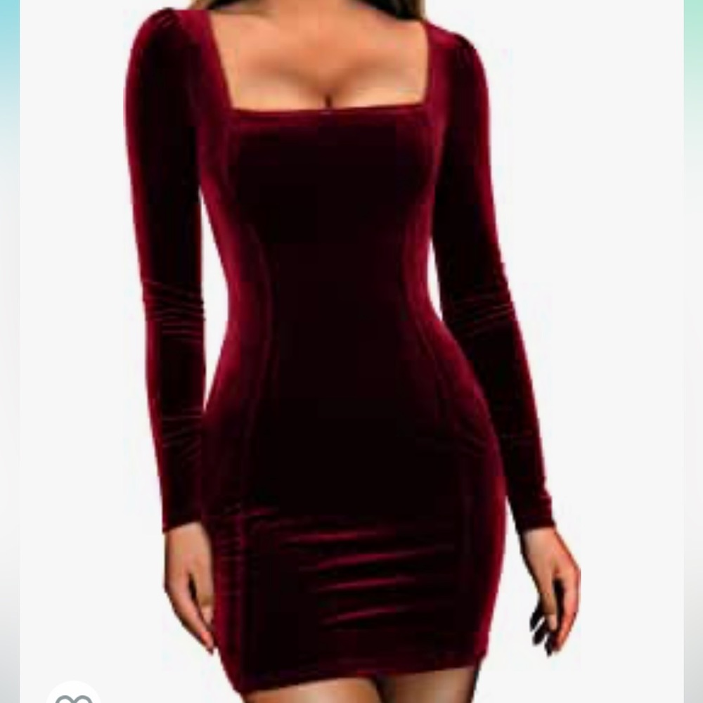 Red velvet square neck dress